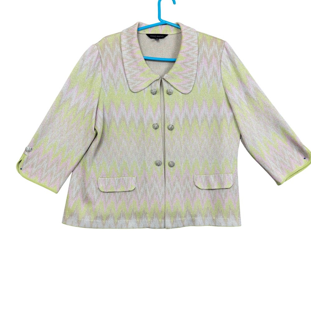 Ming Wang XL Knit Blazer Jacket Zig Zag 3/4 Sleeve Button Up Career